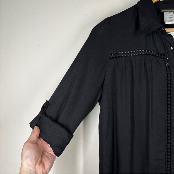 Tommy Bahama Lace Shirred Boyfriend Shirt Black Relaxed Fit Button Up XS - Picture 7 of 10